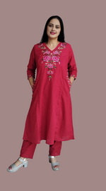 Thumbnail for Jaitra Apparels Women Embroidered Pure Cotton Kurta Pant Set(Red)
