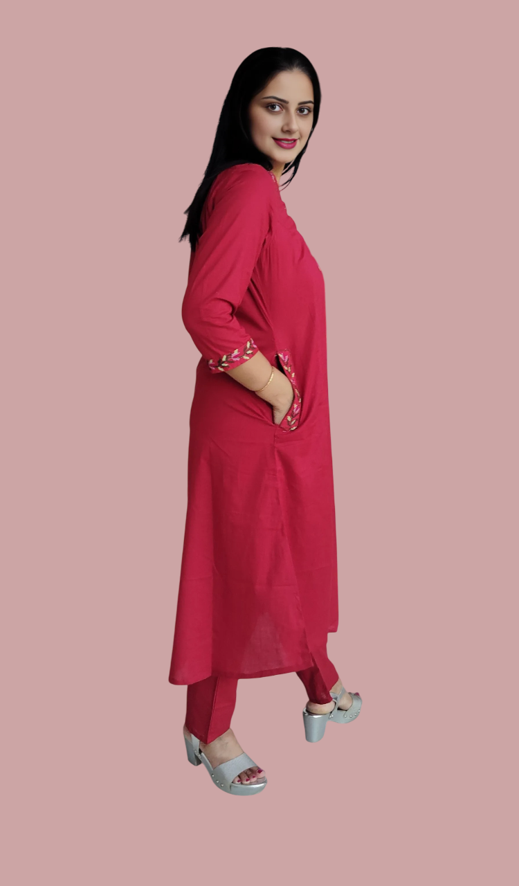 Jaitra Apparels Women Embroidered Pure Cotton Kurta Pant Set(Red)
