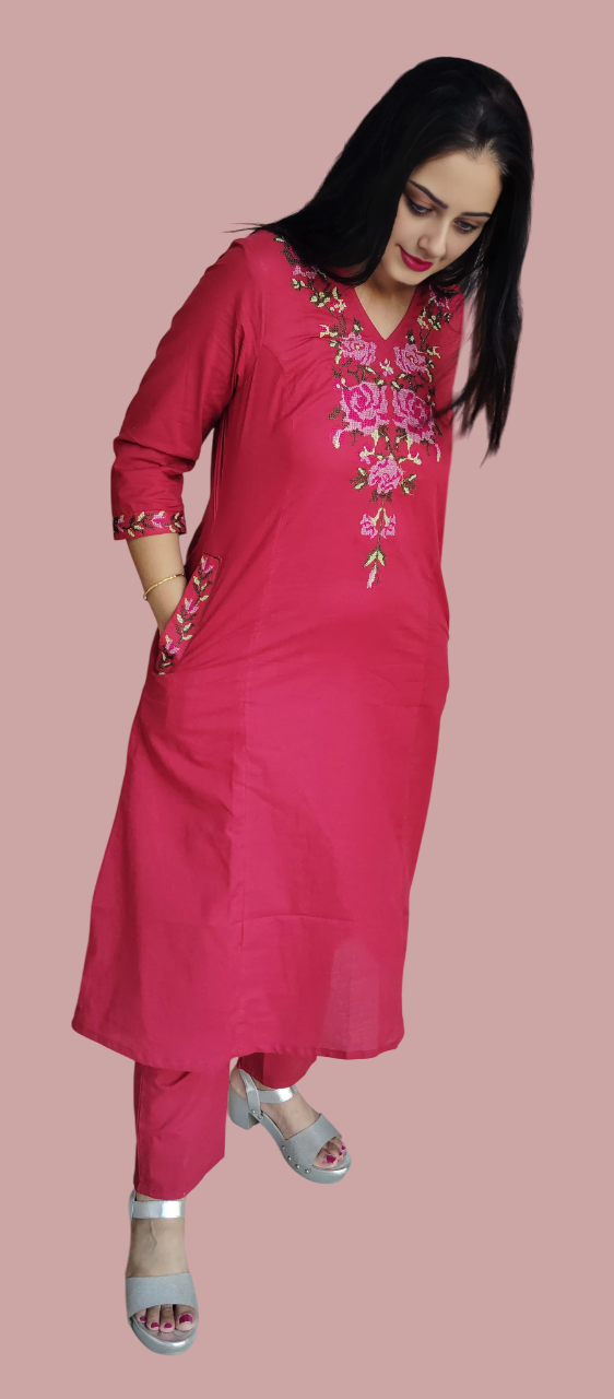 Jaitra Apparels Women Embroidered Pure Cotton Kurta Pant Set(Red)