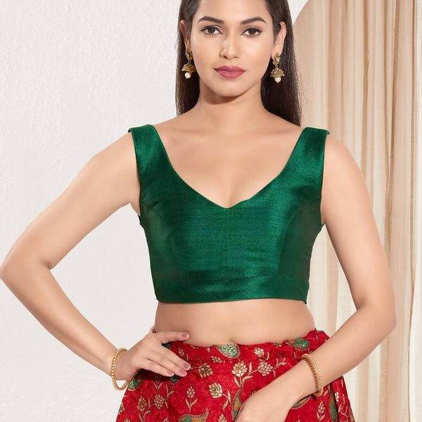 Joban Fashion Bottle Green Mulberry Silk Padded Blouse With Round Neck Sleeveless