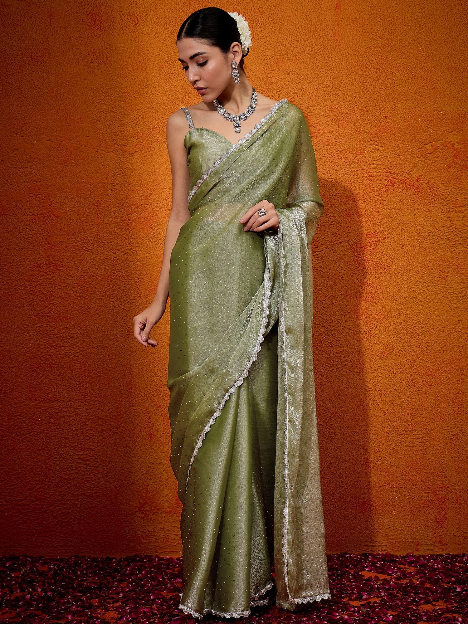 NOZ2TOZ Women's Organza Olive Embellished Designer Saree With Blouse Piece - Distacart
