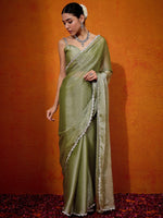 Thumbnail for NOZ2TOZ Women's Organza Olive Embellished Designer Saree With Blouse Piece - Distacart