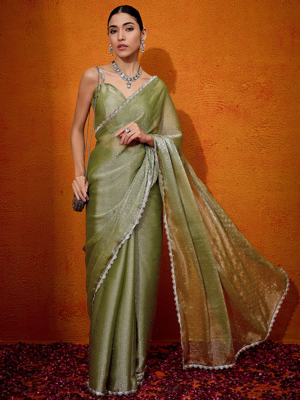 NOZ2TOZ Women's Organza Olive Embellished Designer Saree With Blouse Piece - Distacart
