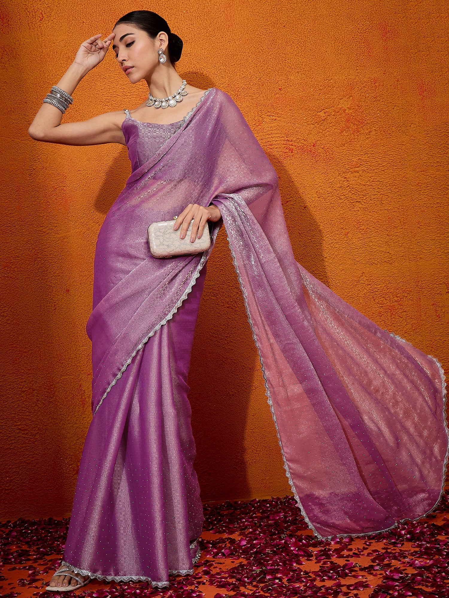NOZ2TOZ Women's Organza Mauve Embellished Designer Saree With Blouse Piece - Distacart