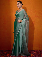 Thumbnail for NOZ2TOZ Women's Organza Teal green Embellished Designer Saree With Blouse Piece - Distacart