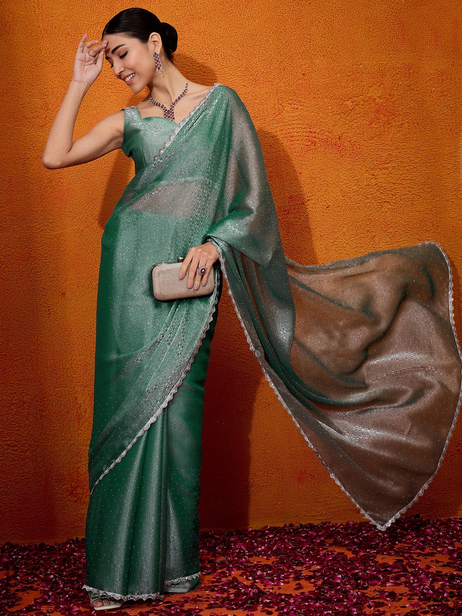 NOZ2TOZ Women's Organza Teal green Embellished Designer Saree With Blouse Piece - Distacart
