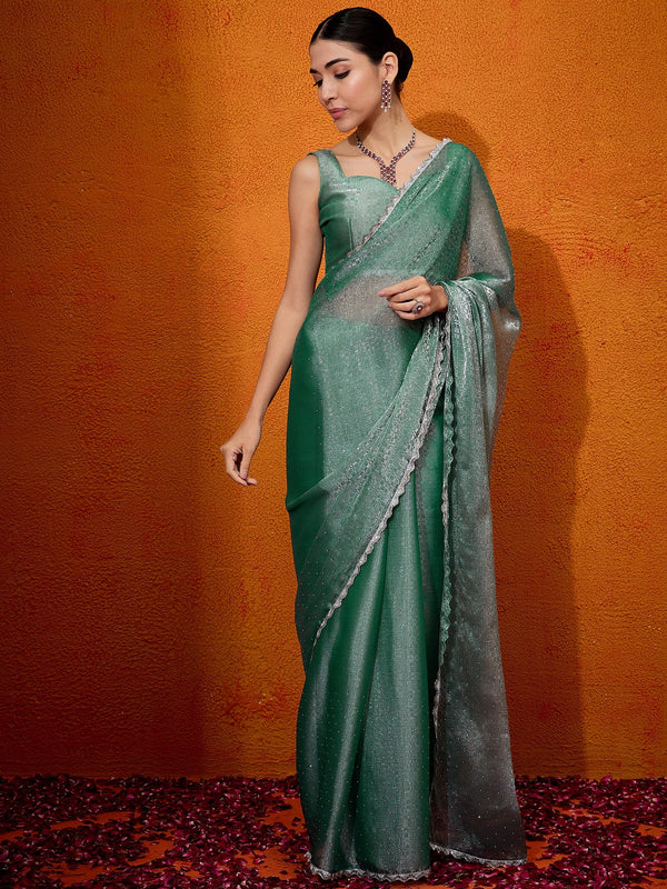 NOZ2TOZ Women's Organza Teal green Embellished Designer Saree With Blouse Piece - Distacart