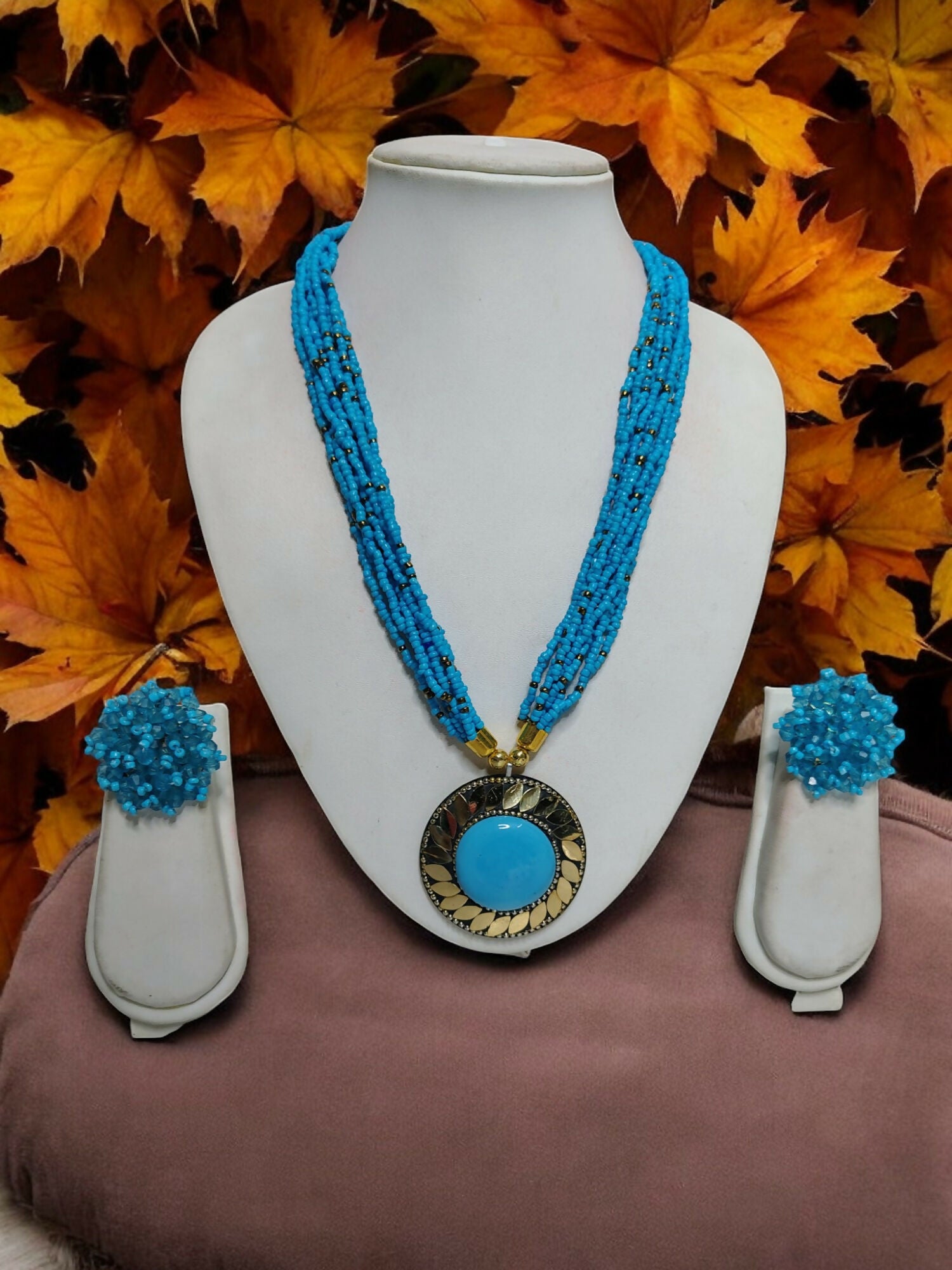 Inhanns All-Day Statement Beaded Necklace Set - Sky Blue - Distacart