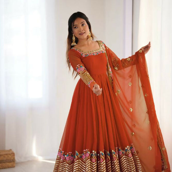 Joban Fashion Orange Georgette Sequence Embroidery Work Readymade Kurta Set