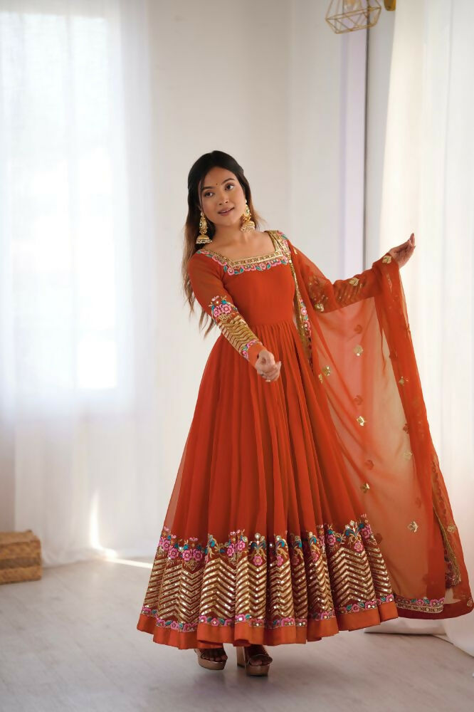 Joban Fashion Orange Georgette Sequence Embroidery Work Readymade Kurta Set - Distacart