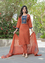 Thumbnail for BulBul Aaliya Elegance Rust Cotton Kurta Set with Dupatta
