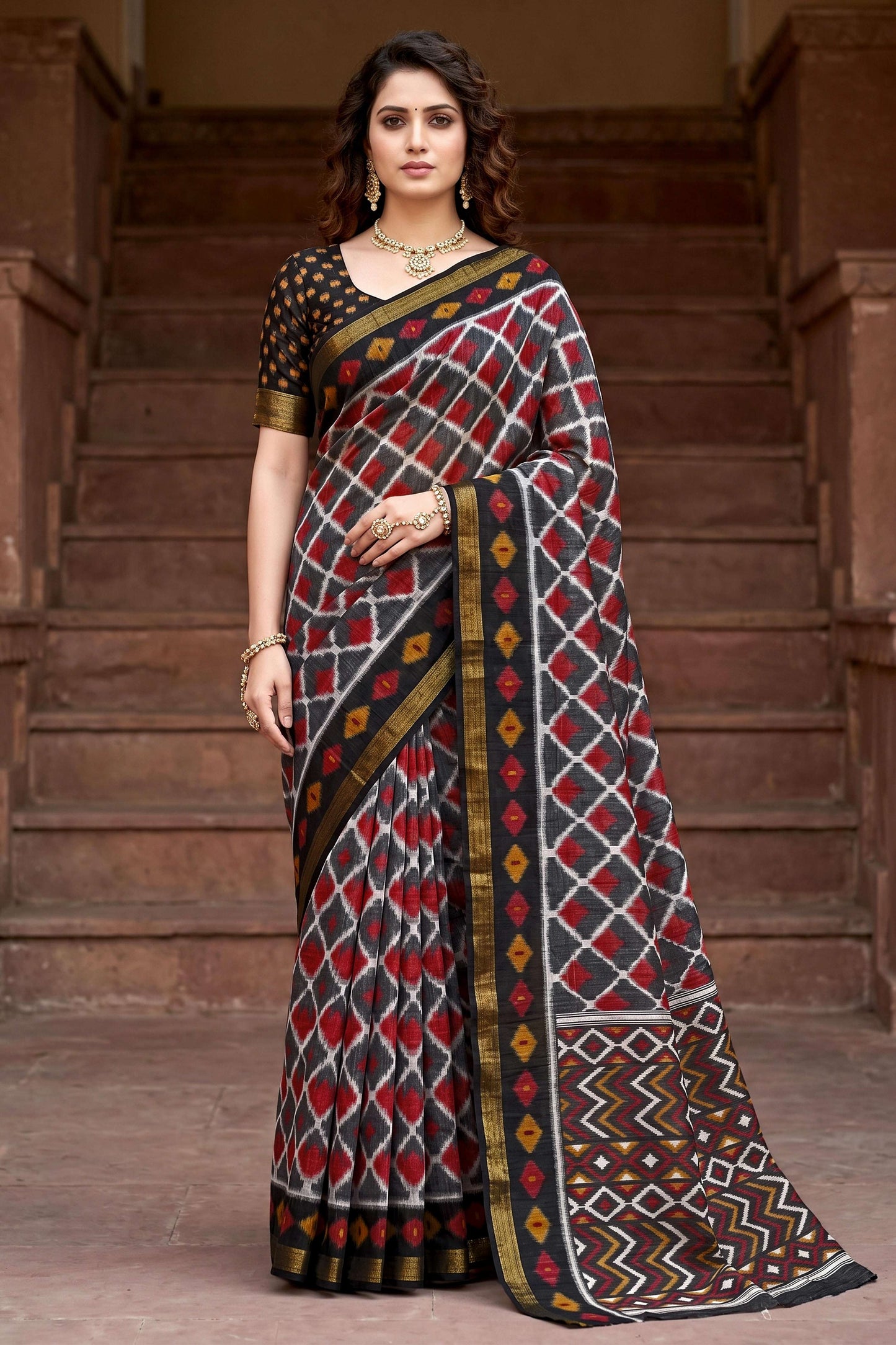 Sangam Prints Gray Cotton Print Woven Work Traditional Saree - Dista