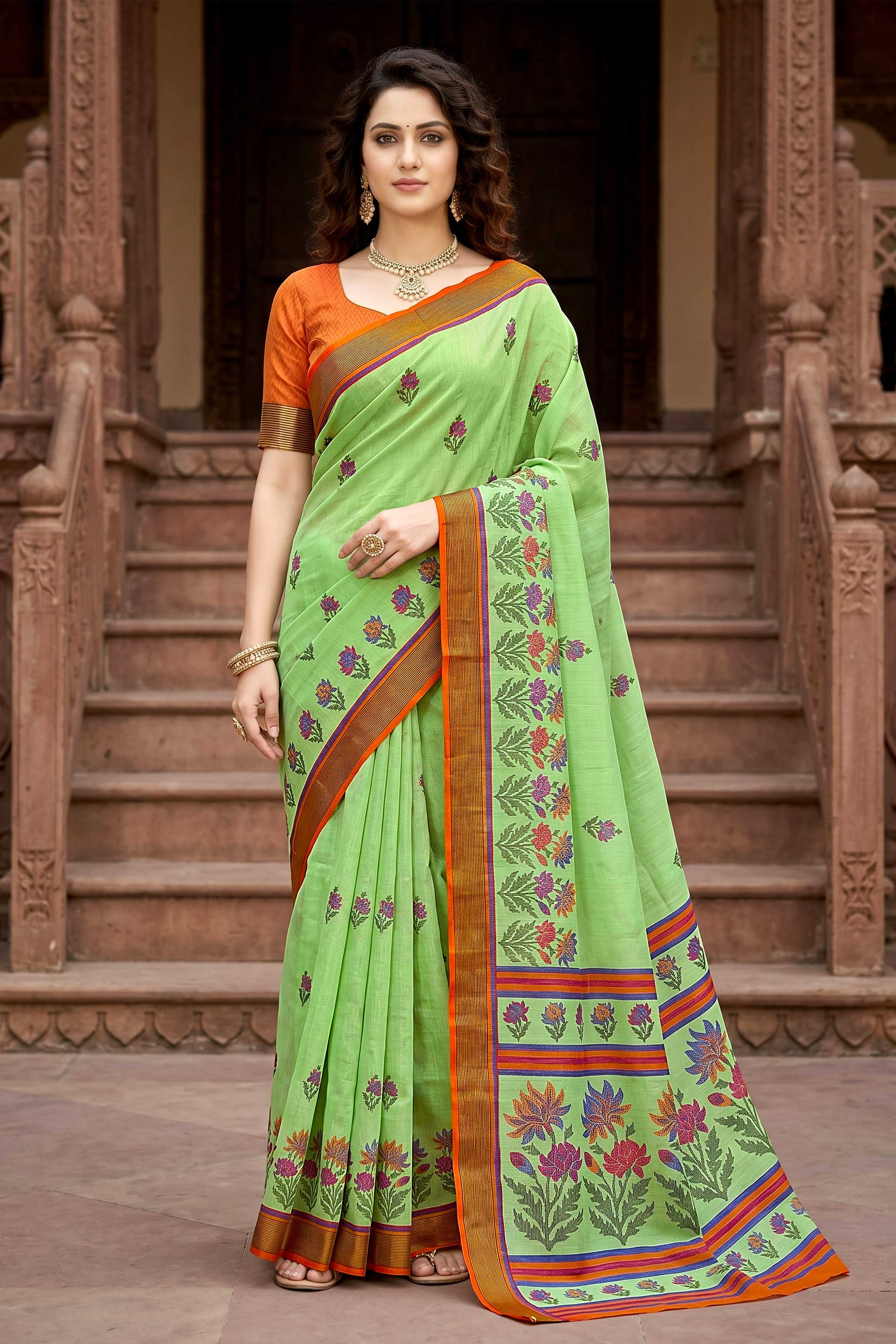 Sangam Prints Parrot Green Cotton Print Woven Work Traditional Saree - Dista