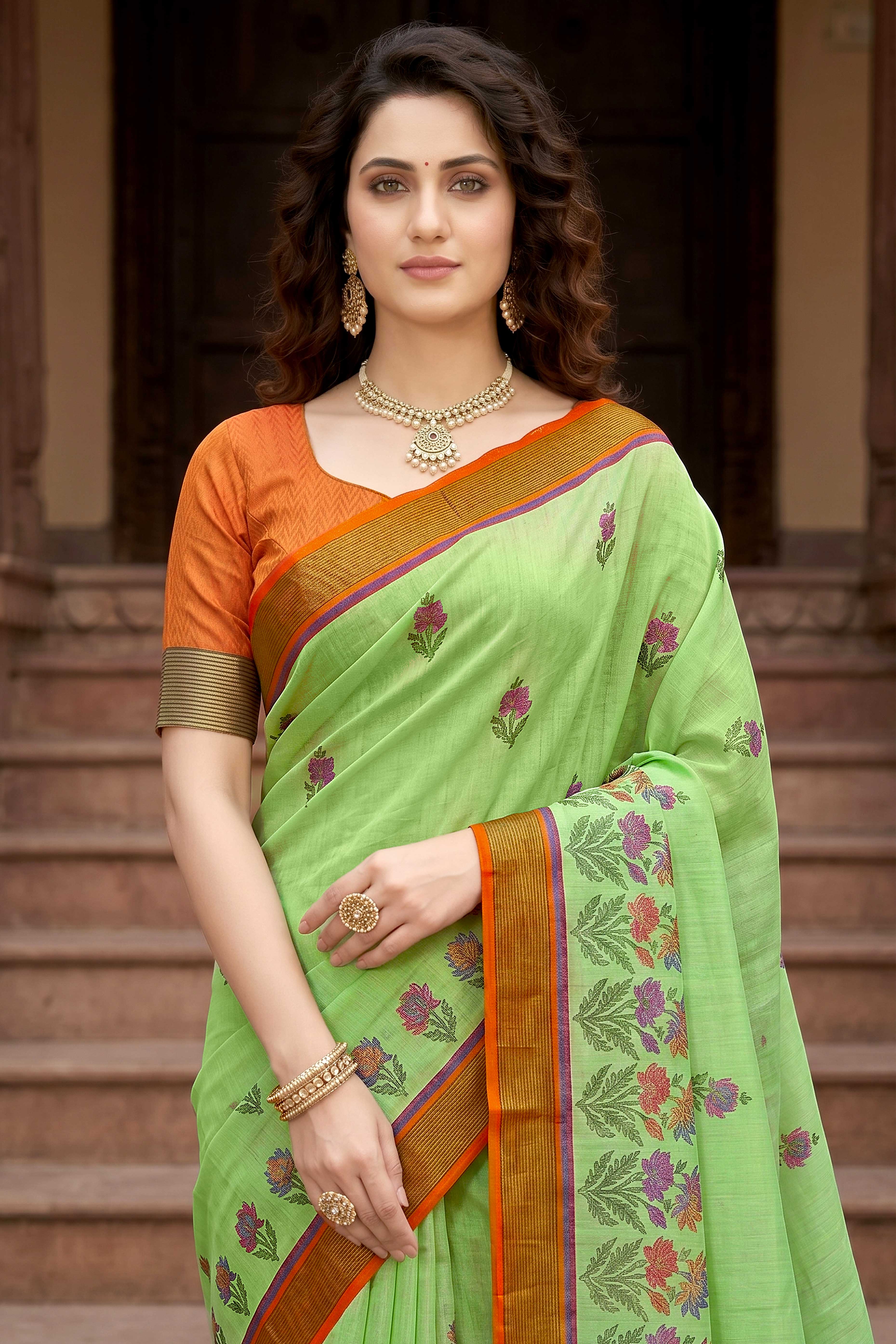 Sangam Prints Parrot Green Cotton Print Woven Work Traditional Saree - Dista