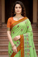 Thumbnail for Sangam Prints Parrot Green Cotton Print Woven Work Traditional Saree - Dista