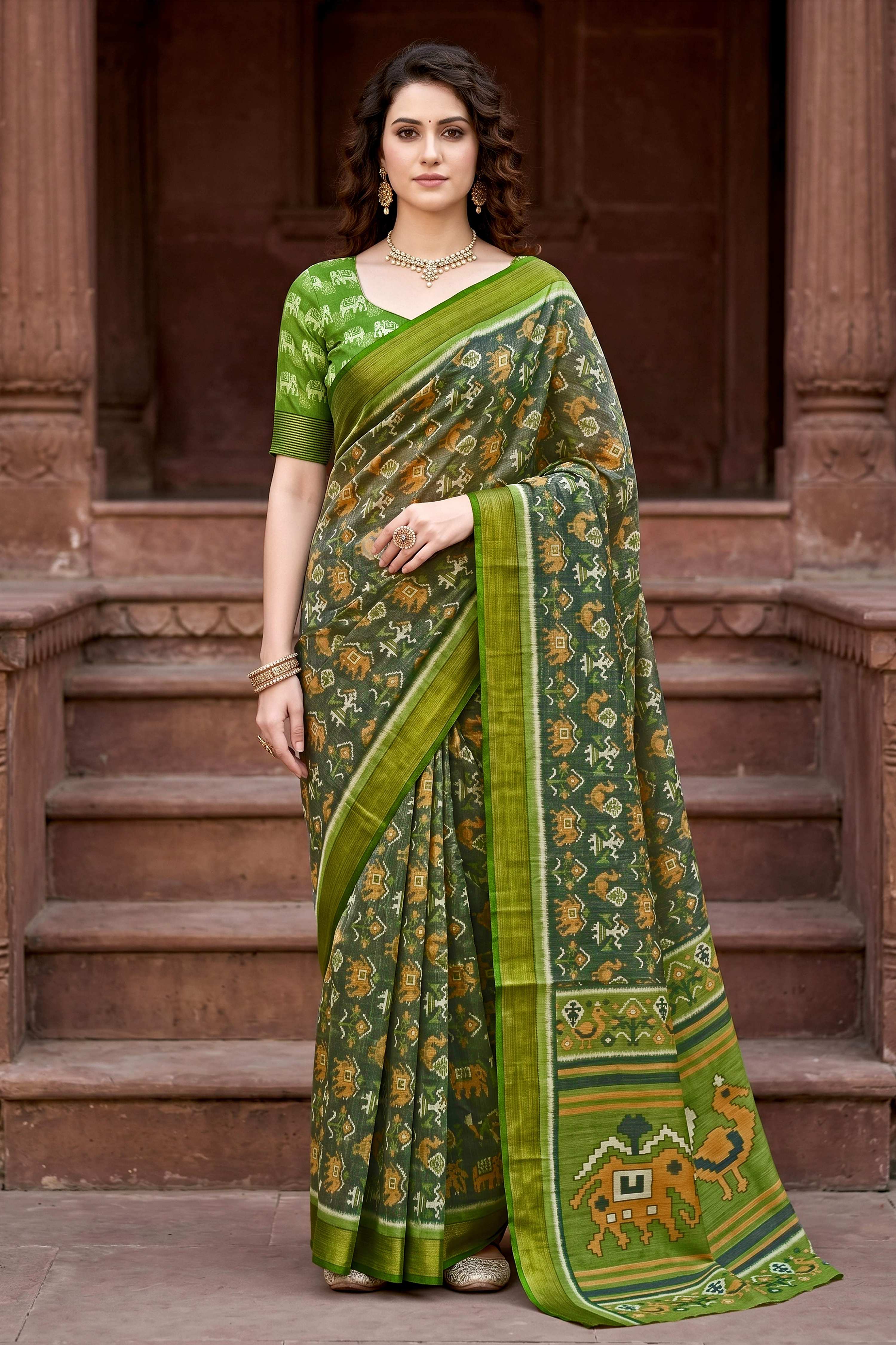Sangam Prints Mehndi Green Cotton Print Woven Work Traditional Saree - Dista