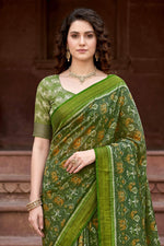 Thumbnail for Sangam Prints Mehndi Green Cotton Print Woven Work Traditional Saree - Dista