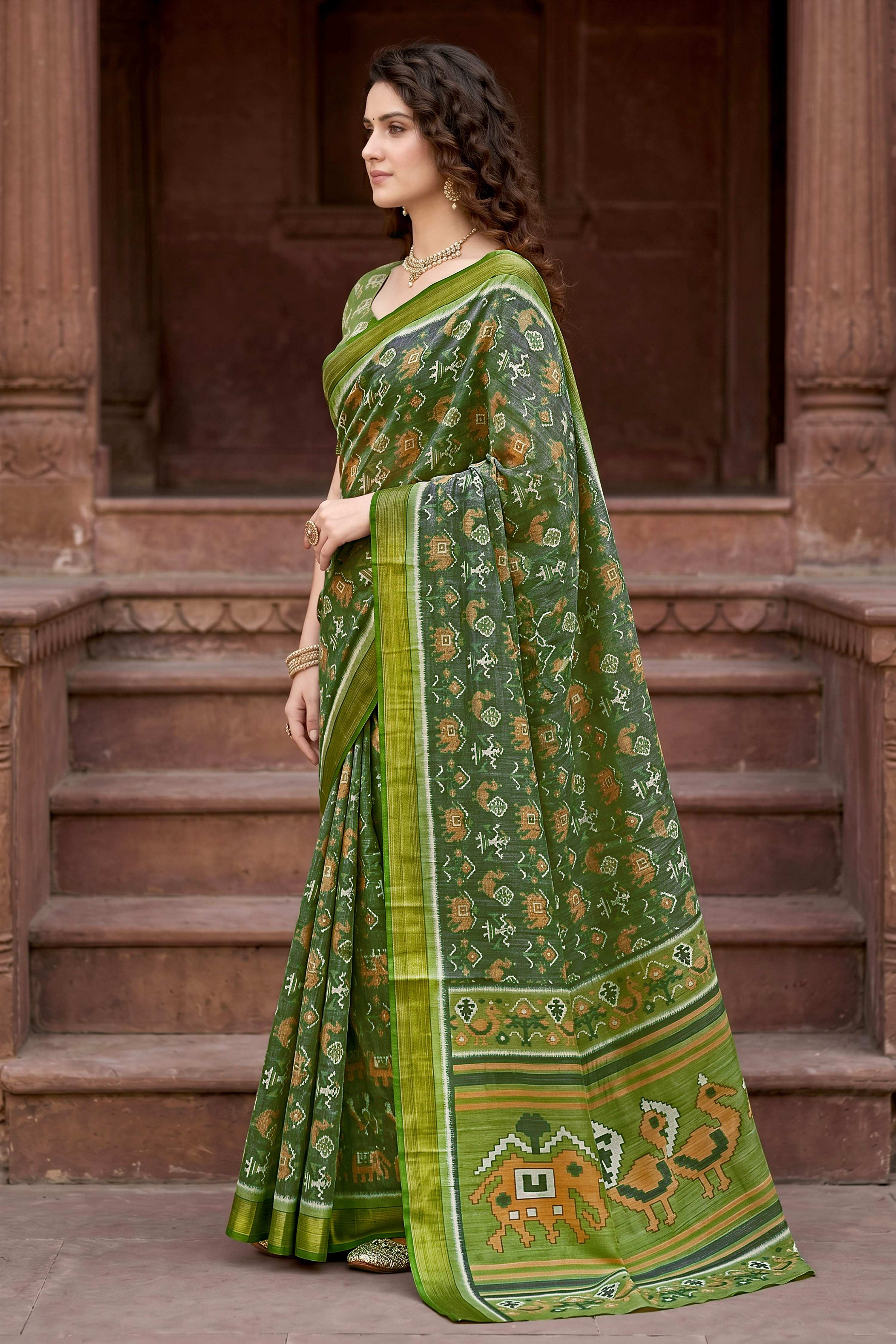 Sangam Prints Mehndi Green Cotton Print Woven Work Traditional Saree - Dista