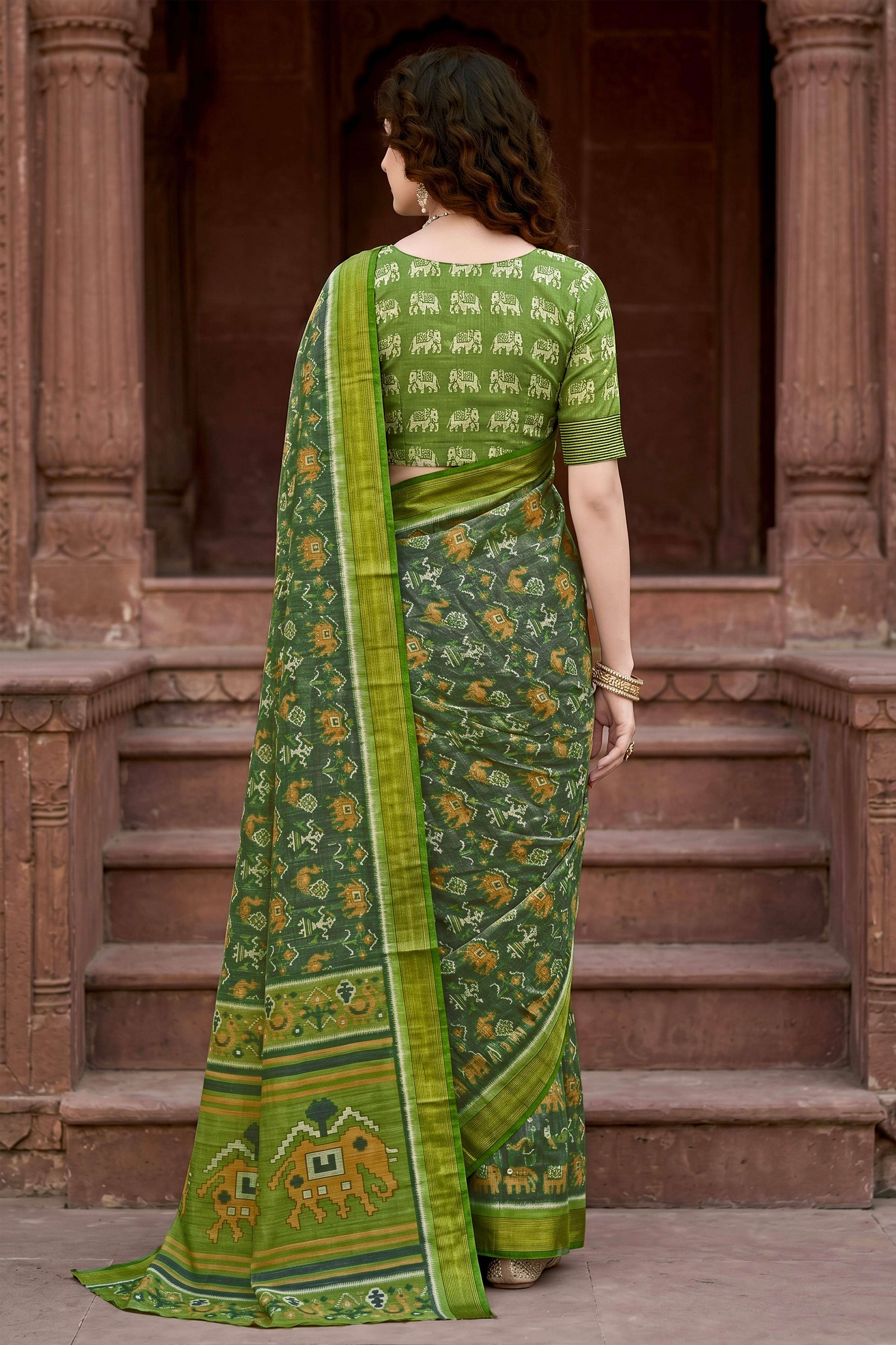 Sangam Prints Mehndi Green Cotton Print Woven Work Traditional Saree - Dista