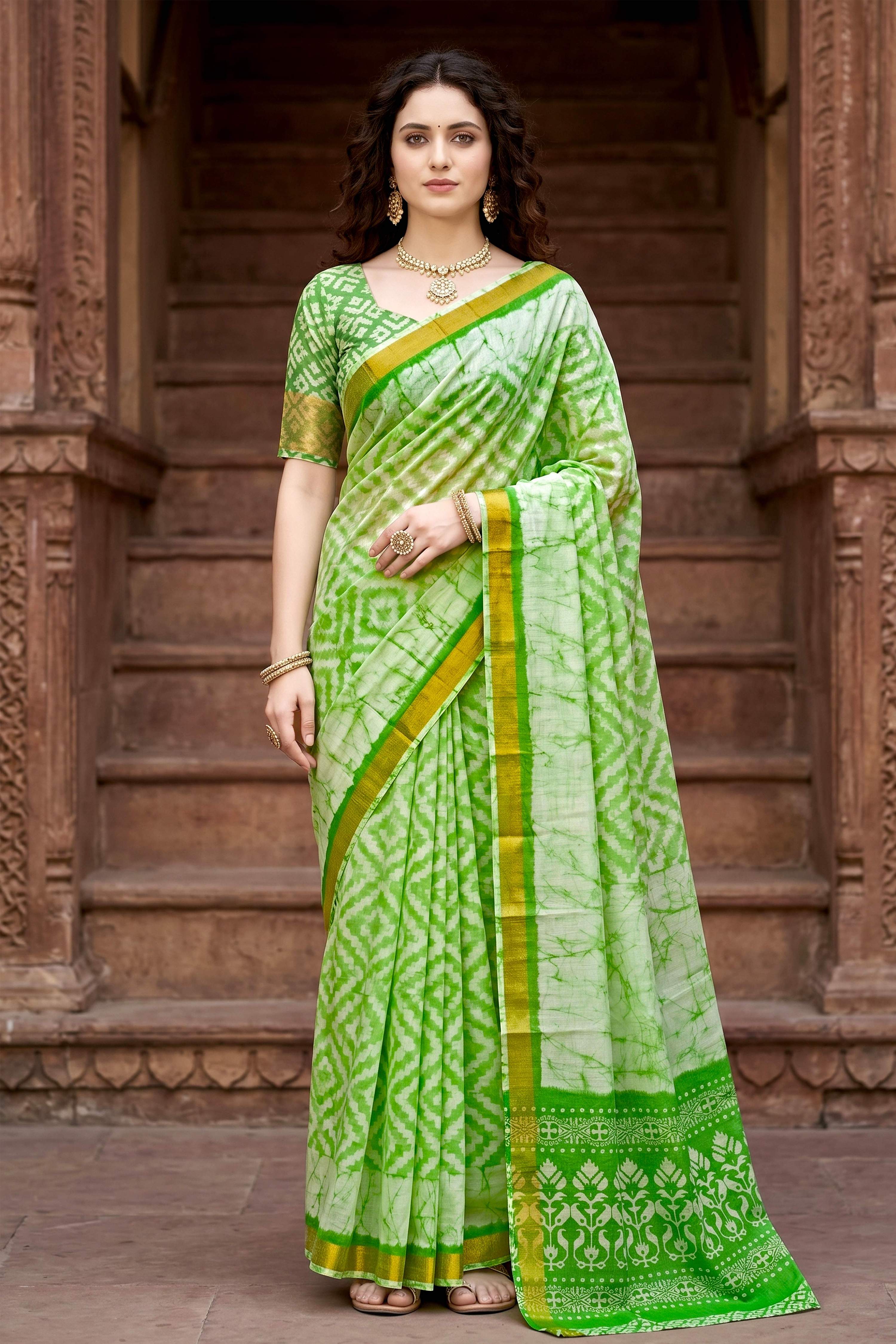 Sangam Prints Pista Green Cotton Print Woven Work Traditional Saree - Dista