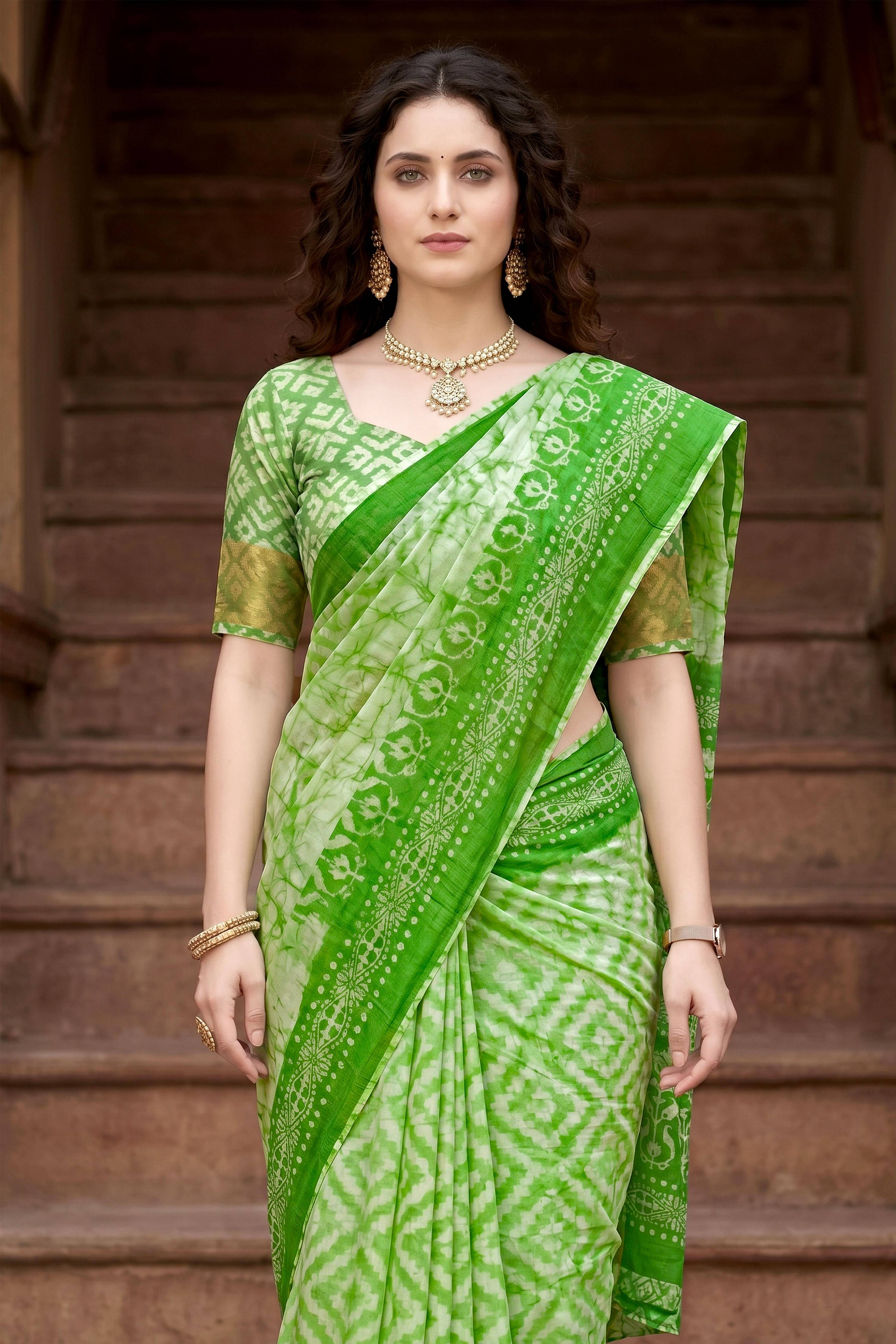 Sangam Prints Pista Green Cotton Print Woven Work Traditional Saree - Dista