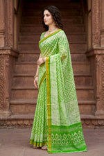 Thumbnail for Sangam Prints Pista Green Cotton Print Woven Work Traditional Saree - Dista