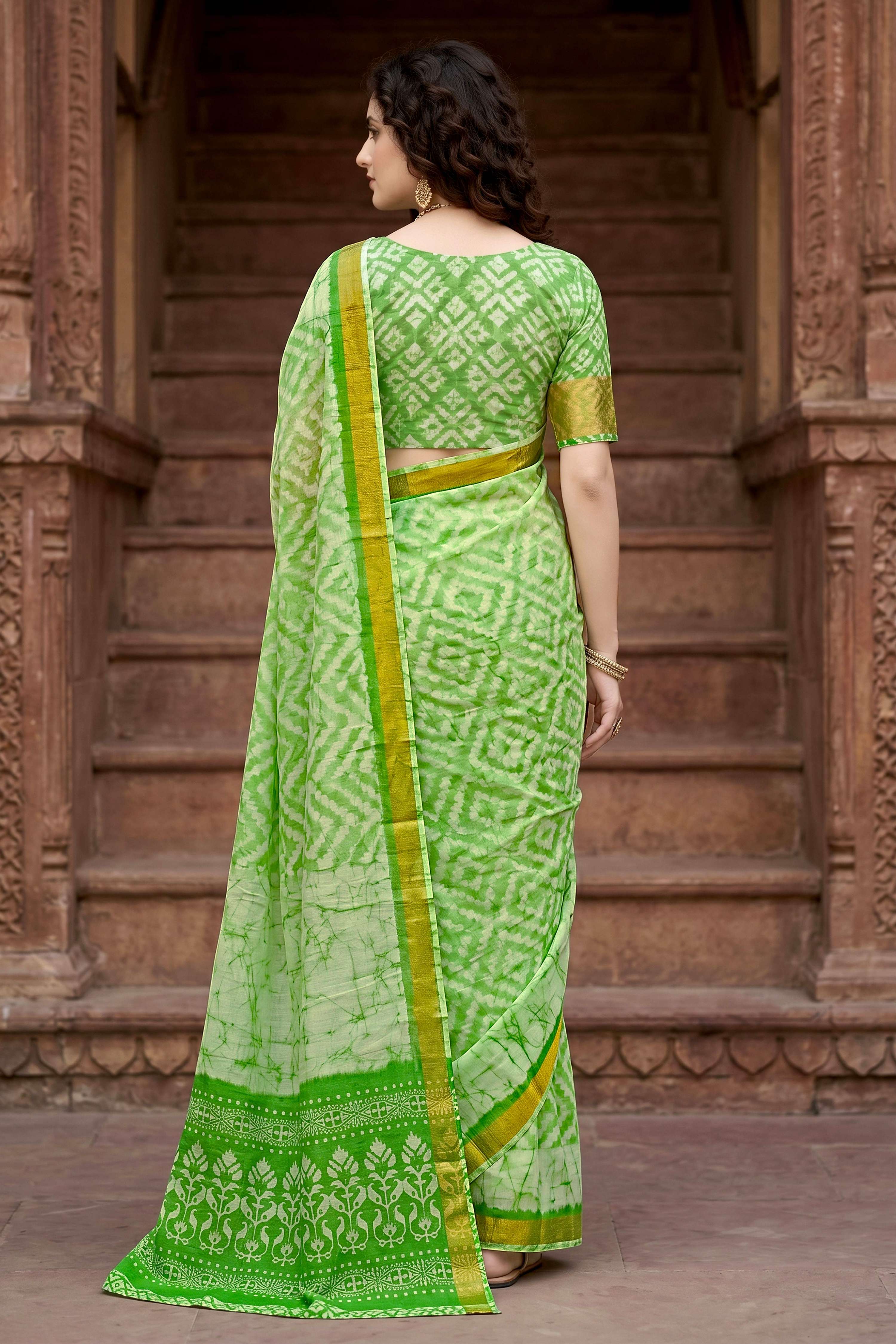 Sangam Prints Pista Green Cotton Print Woven Work Traditional Saree - Dista