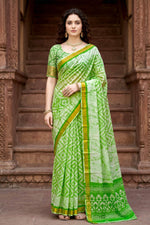 Thumbnail for Sangam Prints Pista Green Cotton Print Woven Work Traditional Saree - Dista