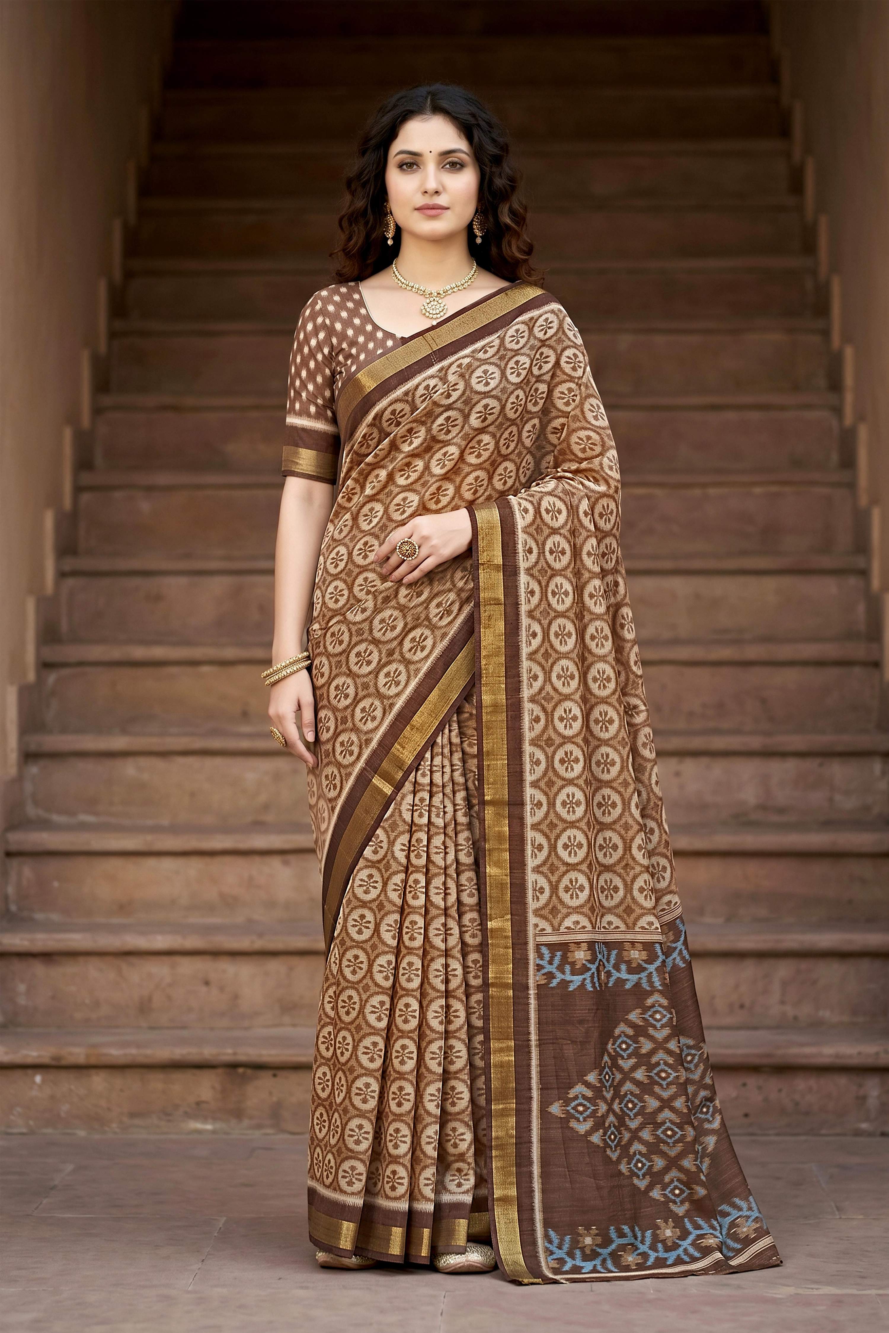Sangam Prints Brown Cotton Print Woven Work Traditional Saree - Dista