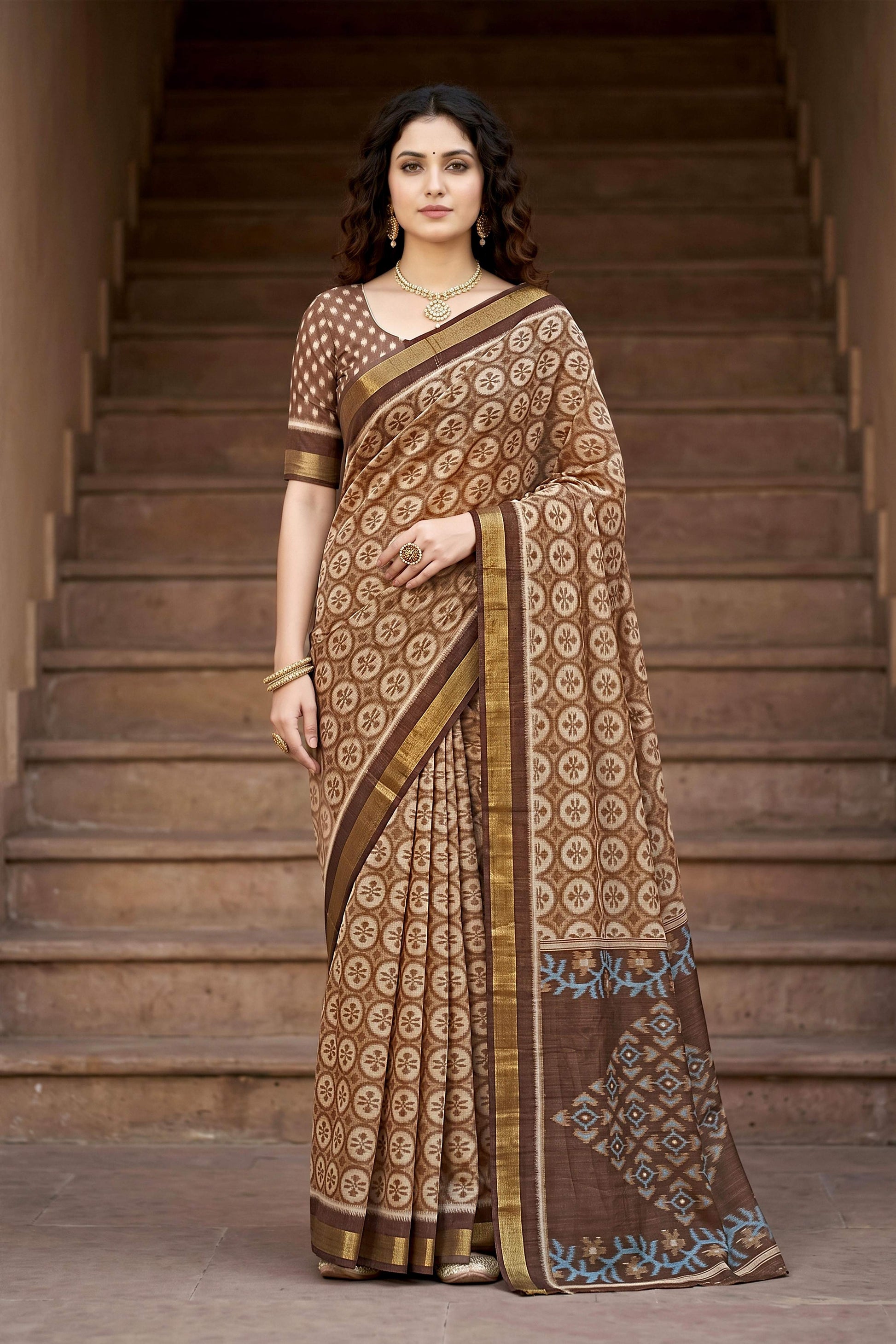 Sangam Prints Brown Cotton Print Woven Work Traditional Saree - Dista