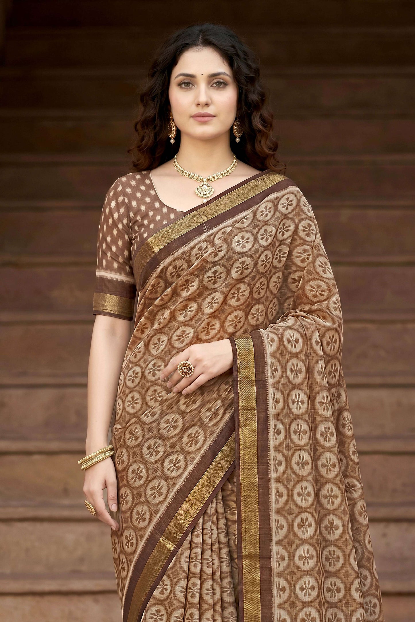Sangam Prints Brown Cotton Print Woven Work Traditional Saree - Dista