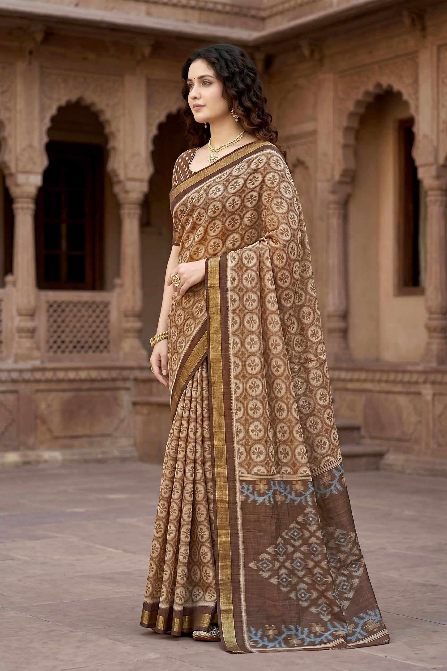 Sangam Prints Brown Cotton Print Woven Work Traditional Saree - Dista
