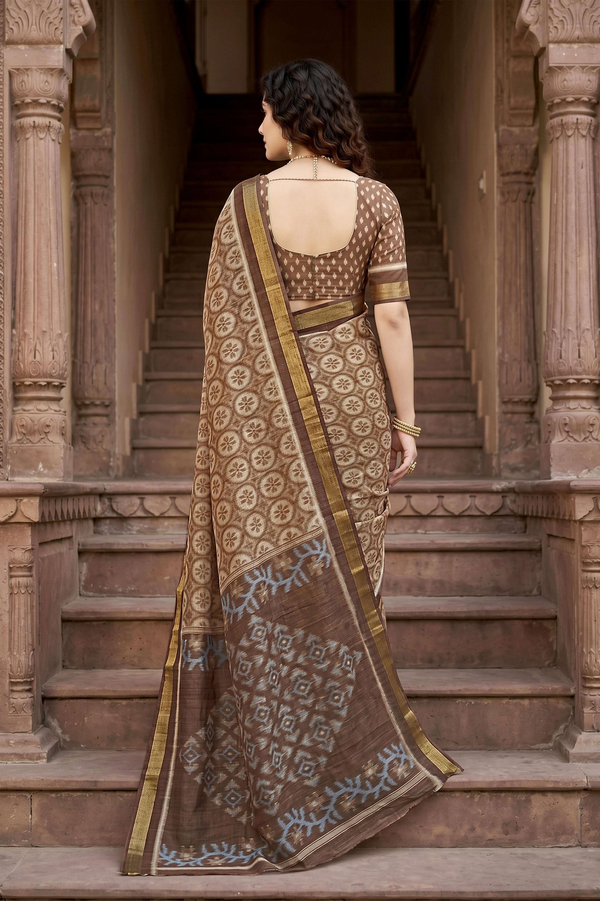 Sangam Prints Brown Cotton Print Woven Work Traditional Saree - Dista