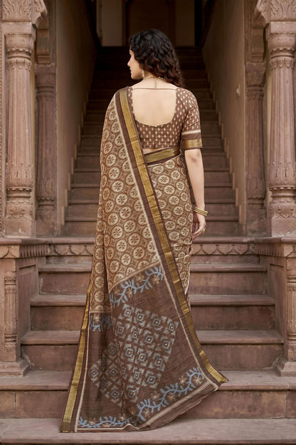 Sangam Prints Brown Cotton Print Woven Work Traditional Saree - Dista