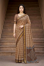 Thumbnail for Sangam Prints Brown Cotton Print Woven Work Traditional Saree - Dista