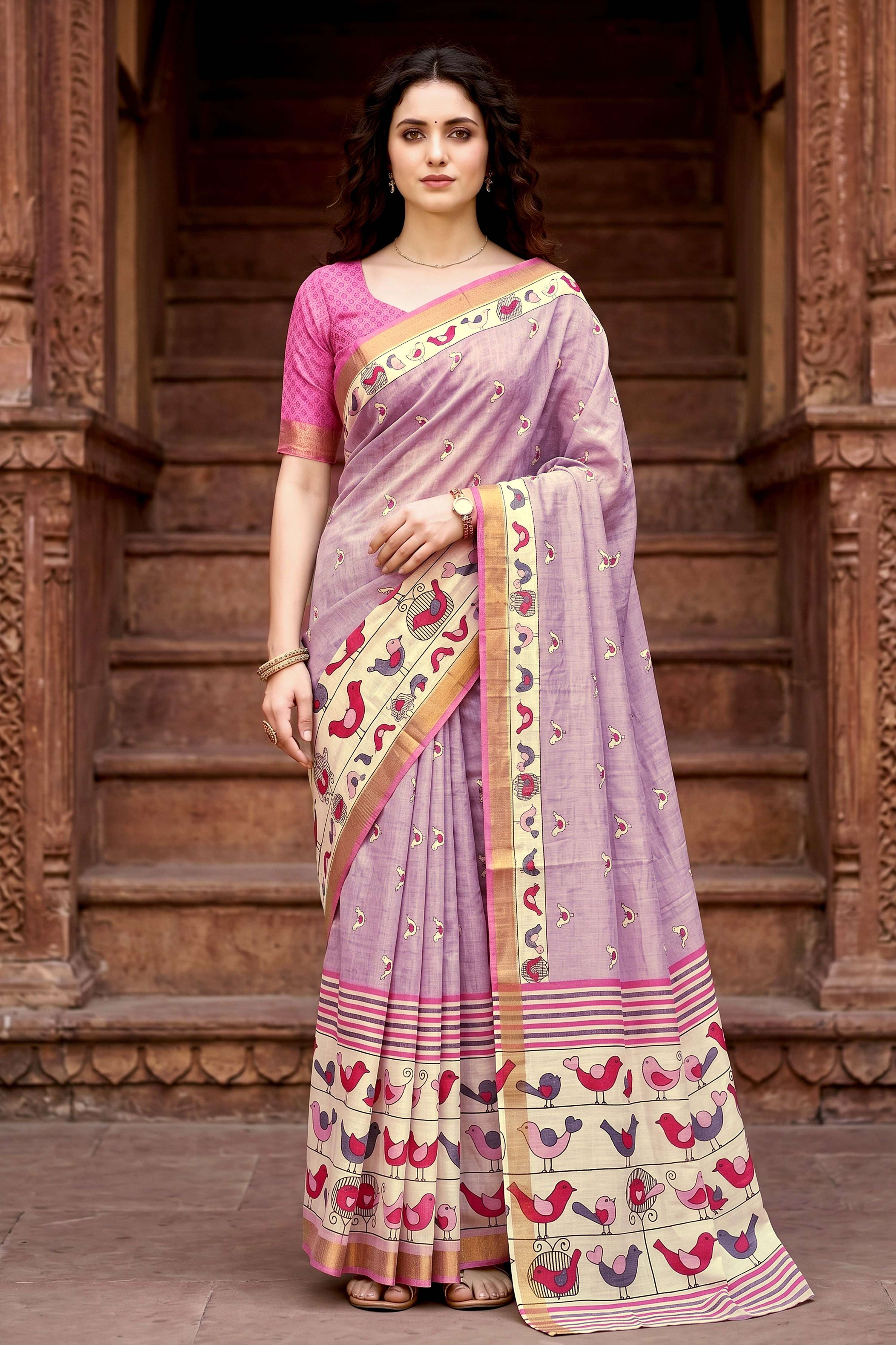 Sangam Prints Lavender Cotton Print Woven Work Traditional Saree - Dista