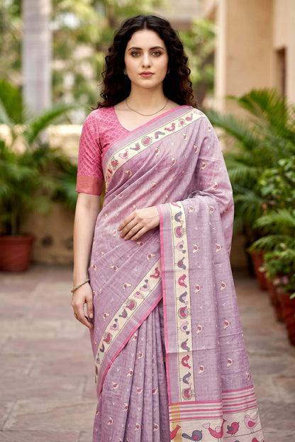 Sangam Prints Lavender Cotton Print Woven Work Traditional Saree - Dista