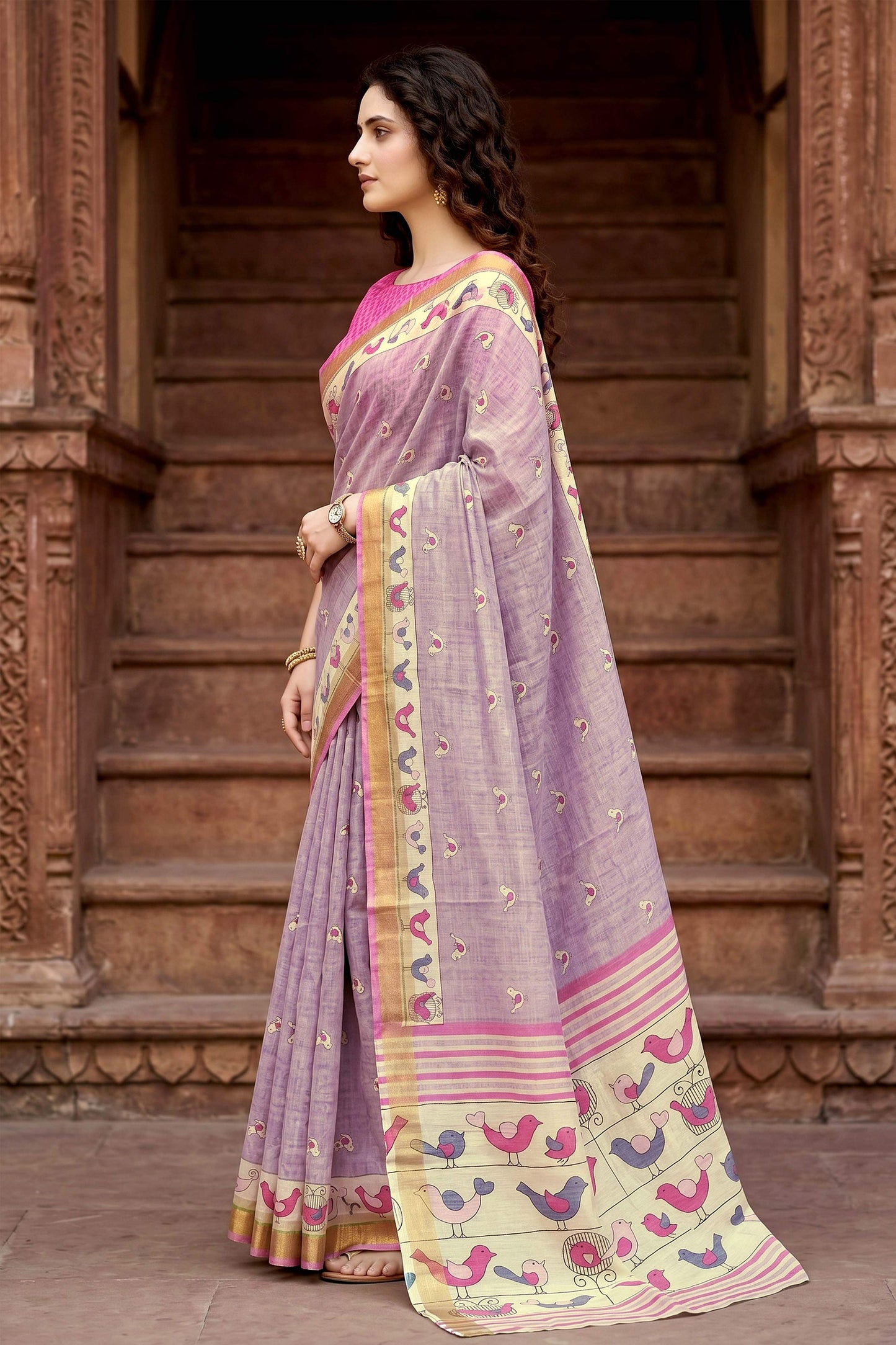 Sangam Prints Lavender Cotton Print Woven Work Traditional Saree - Dista