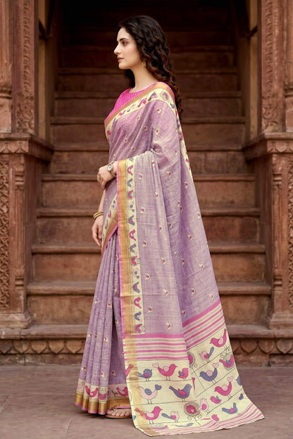Sangam Prints Lavender Cotton Print Woven Work Traditional Saree - Dista
