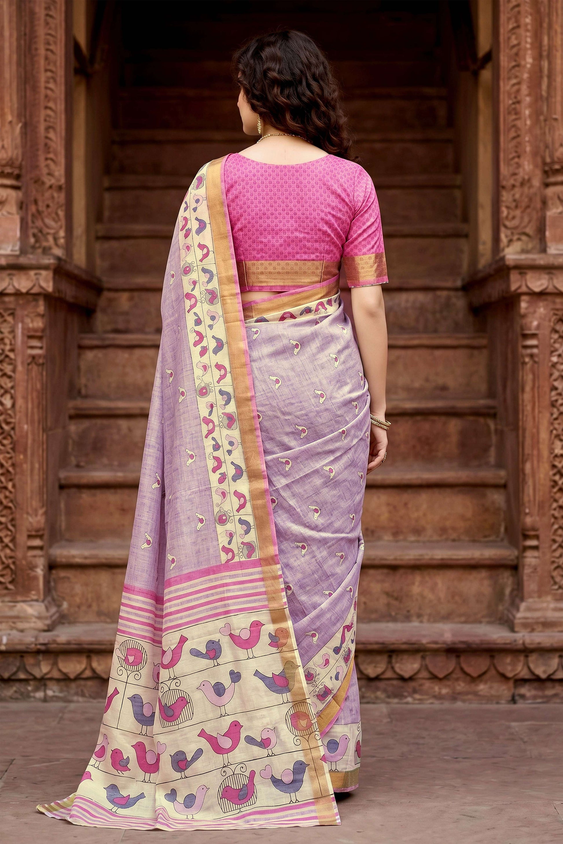 Sangam Prints Lavender Cotton Print Woven Work Traditional Saree - Dista