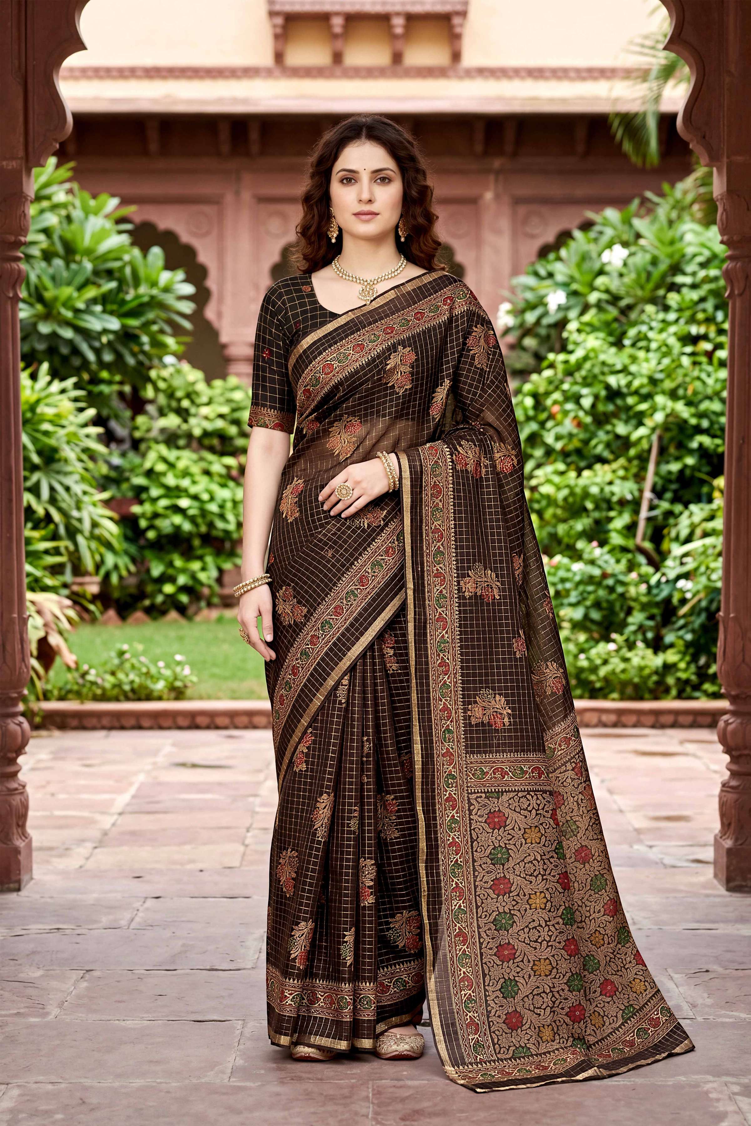 Sangam Prints Coffee Brown Cotton Print Woven Work Traditional Saree - Dista