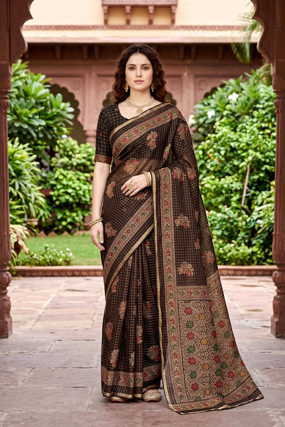 Sangam Prints Coffee Brown Cotton Print Woven Work Traditional Saree - Dista