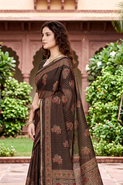 Sangam Prints Coffee Brown Cotton Print Woven Work Traditional Saree - Dista