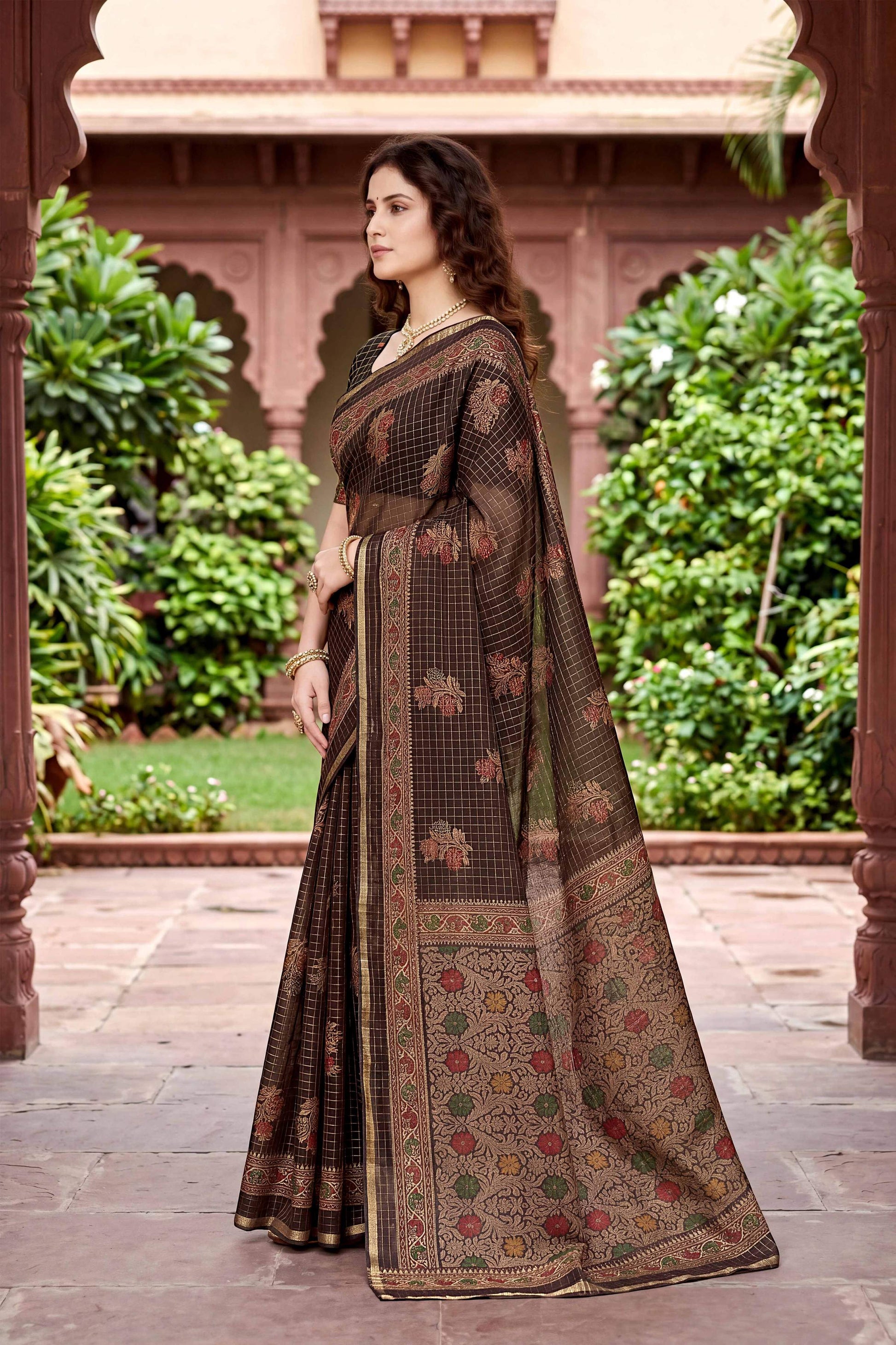 Sangam Prints Coffee Brown Cotton Print Woven Work Traditional Saree - Dista