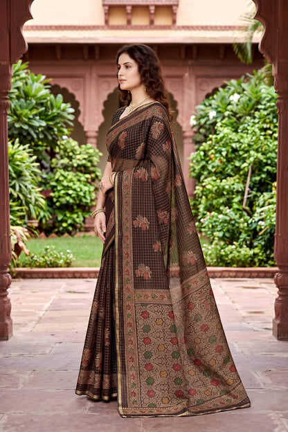 Sangam Prints Coffee Brown Cotton Print Woven Work Traditional Saree - Dista