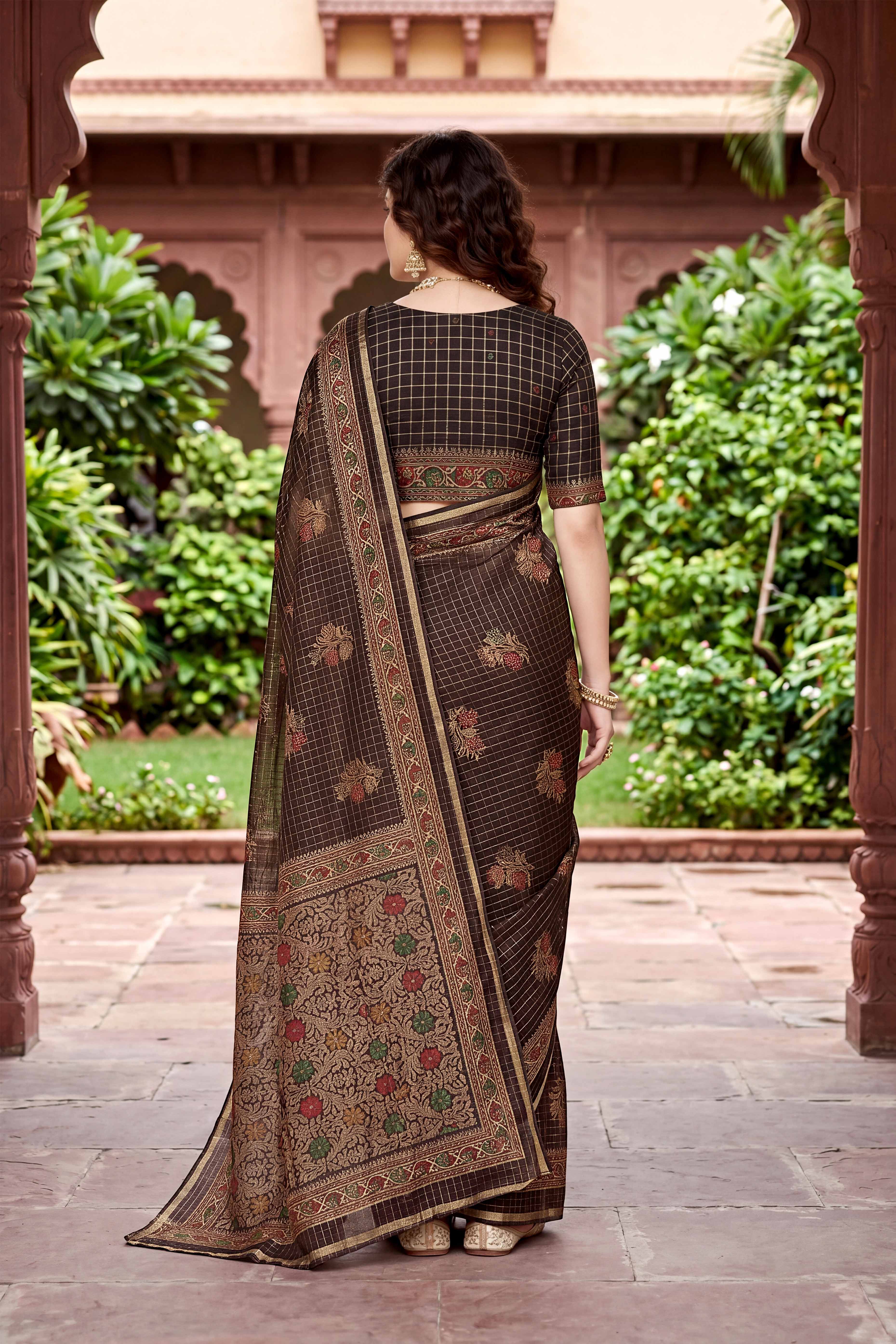 Sangam Prints Coffee Brown Cotton Print Woven Work Traditional Saree - Dista