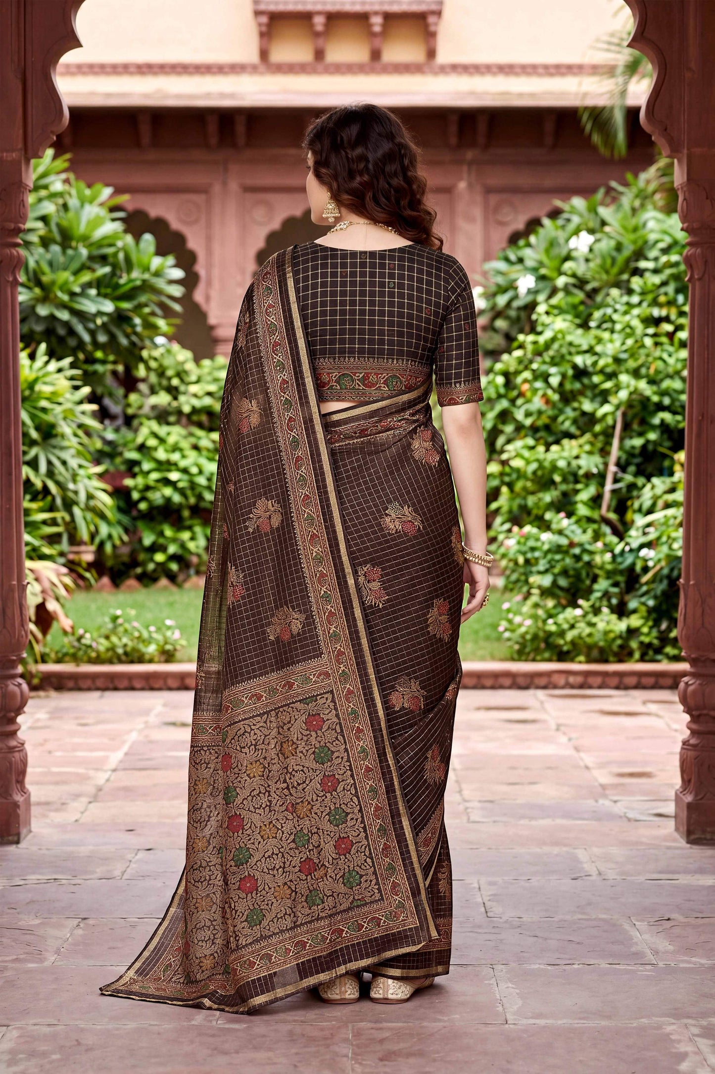 Sangam Prints Coffee Brown Cotton Print Woven Work Traditional Saree - Dista