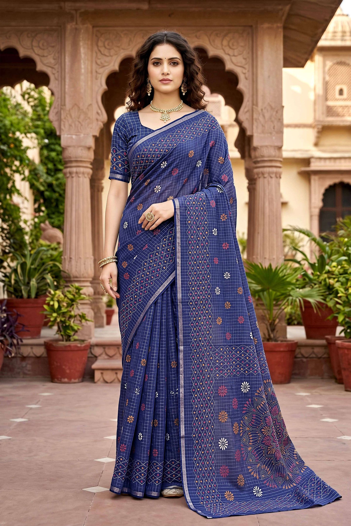 Sangam Prints Navy Blue Cotton Print Woven Work Traditional Saree - Dista