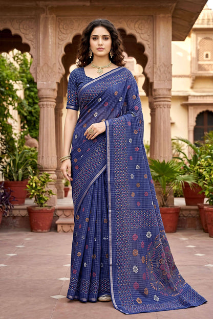 Sangam Prints Navy Blue Cotton Print Woven Work Traditional Saree - Dista