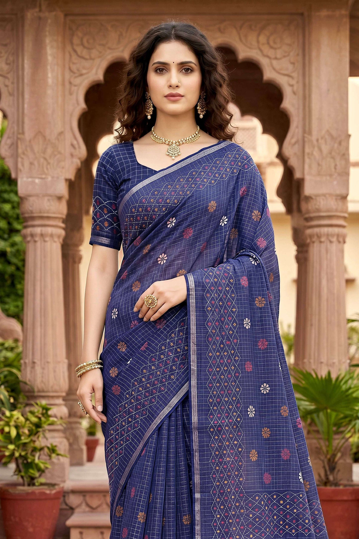 Sangam Prints Navy Blue Cotton Print Woven Work Traditional Saree - Dista